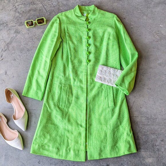 Vintage Lime Green Mid Mod Button Front Long Sleeve Tweed Topcoat Jacket - Picture 1 of 10